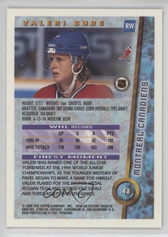 1994-95 Topps Finest Super Teams Stanley Cup Valeri Bure #48 - Image 2 of 2