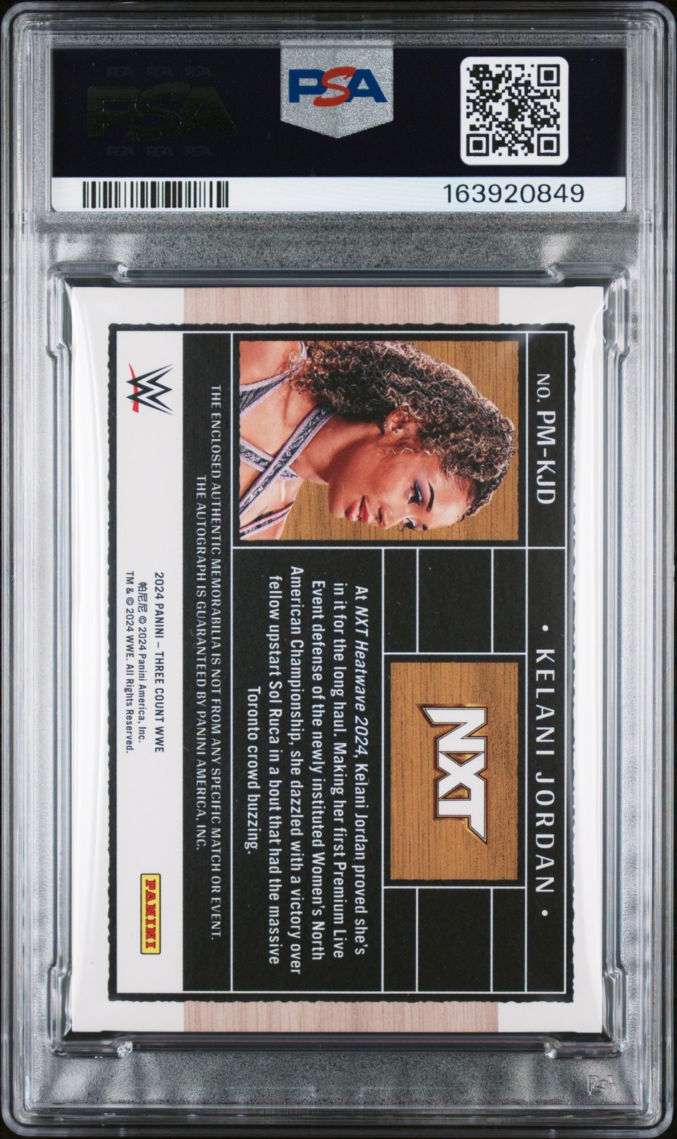 2024 PANINI THREE COUNT WWE PRIME MEMORABILIA KELANI JORDAN 1/15 PSA 7 AUTO 10 view 2