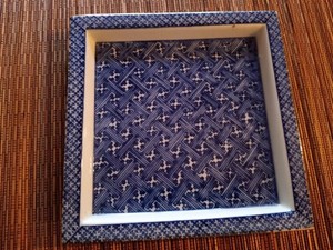 Vintage Fitz Floyd Japan Folk Art Patterns Pottery 7"x7 " TRAY Blue + White (98)