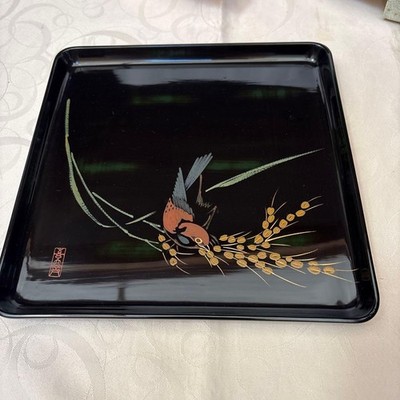 Wajima-nuri Lacquer Tray Millet & Sparrow Maki-e Black Square Tray