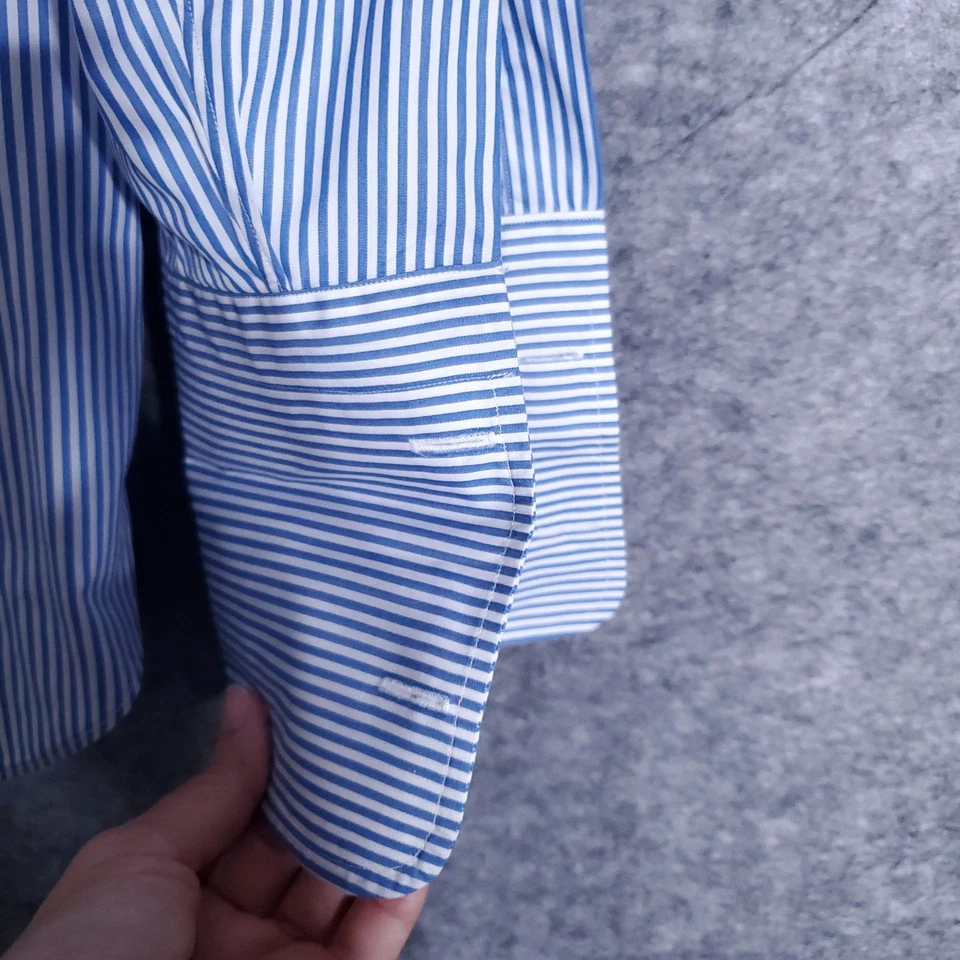 Camisa de vestir Ascot Chang para hombre grande azul blanco a rayas puño francés algodón fino 16 Foto 3 de 4