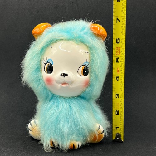 Very Rare Japanese Kitsch Blue Kitty Cat Ceramic & Fur With Big Eyes - Picture 2 of 10