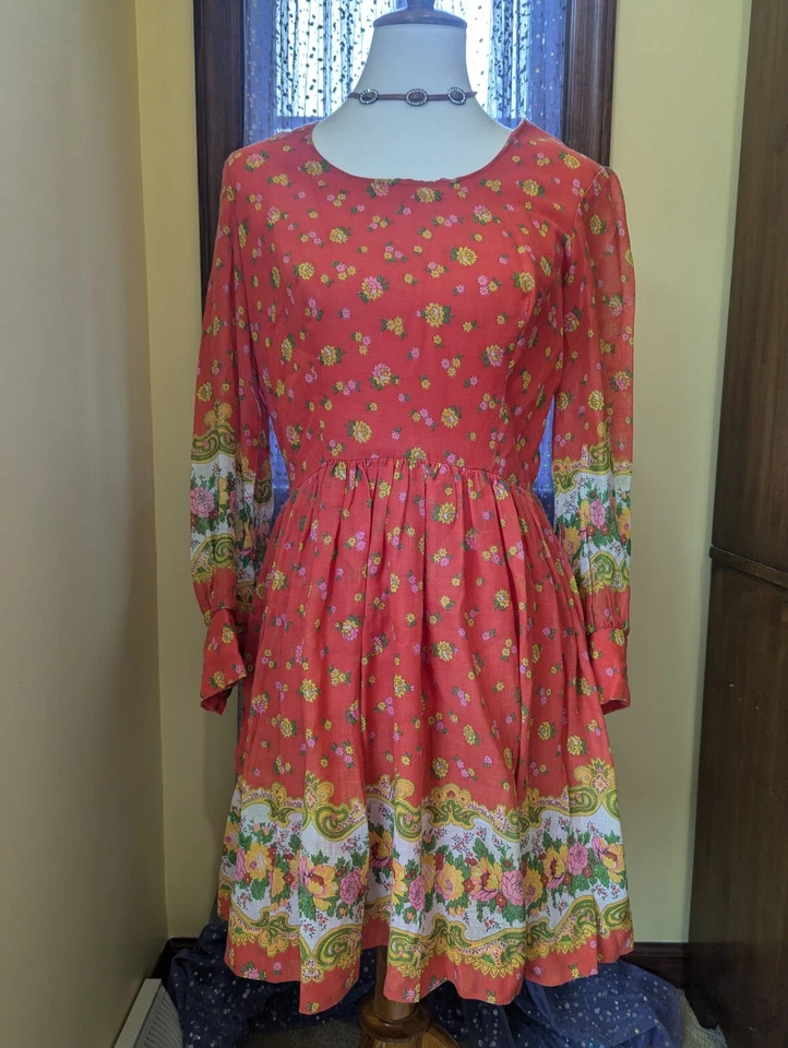 Vintage 70's Montgomery Wards Orange Floral Boho Babydoll Mini Dress Size S - Изображение 2 из 4