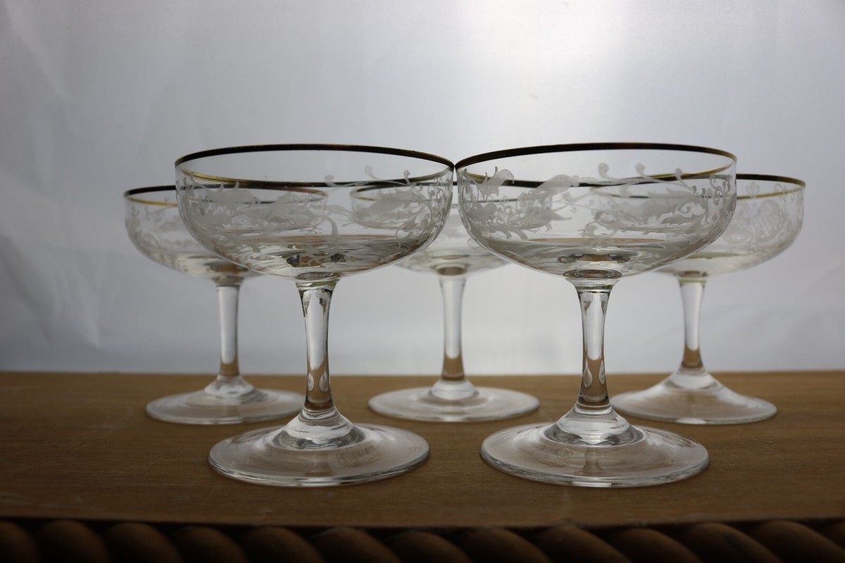 Mozart Crystal 5 Delicate Small Coupe Champagne Glasses Grey Cut Lattice Gold