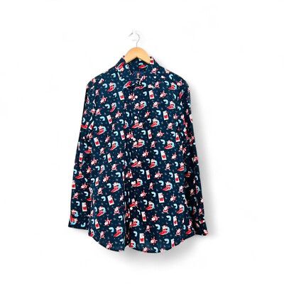 Christmas Button Down Simon Banks L Men Santa Surf Blue Red Long Sleeves