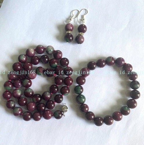 Natural Red Gems in Zoisite Round Beads Necklace Bracelet Earrings Set 6-12mm - Picture 3 of 12