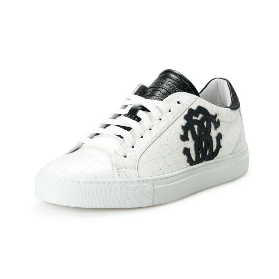 Roberto Cavalli Tenis Zapatos Para Hombre Blanco Cuero Texturizado Logo Estampado Moda Foto 4 de 4