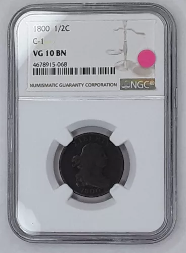 1800 HALF CENT, 1/2 CENT, C- 1, NGC CERTIFIED, VG 10 BN.