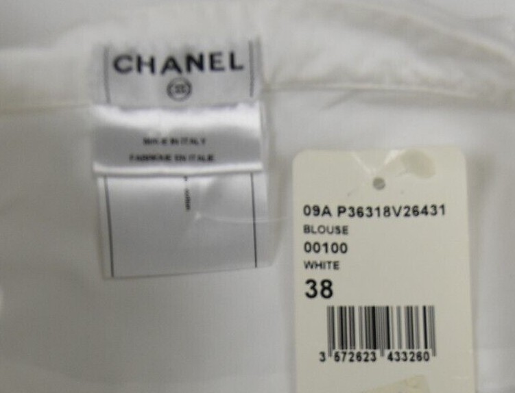 NEW Chanel Blouse Shirt Button Down White Cotton Pearl CC Ruffle