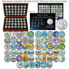 1999-2009 Complete COLORIZED State Quarters 56-Coin Set in Cherry Wood Style Box