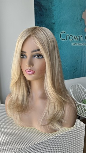 S Cap Pre-order 20” European Glueless Silk Top Wig Rooted Champagne Blonde Hair - Picture 9 of 14