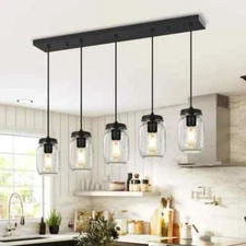 5-Light Matte Black Farmhouse Mason Jar Linear Hanging Kitchen Island Light