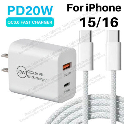 20W Fast Charger Type USB C Block PD Cable For iPhone 16 15 Pro Max Samsung S20