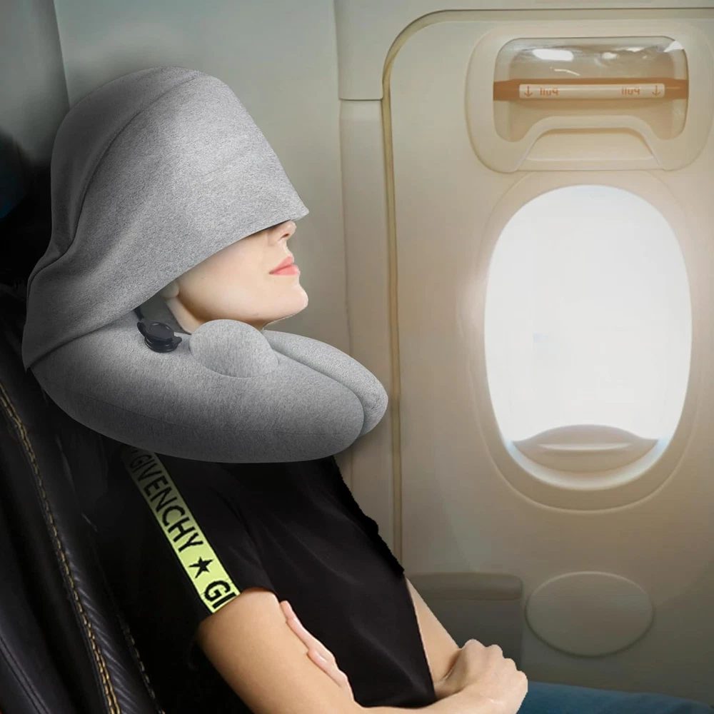 Travel Pillow for Airplane with Hood, Inflatable Neck Air Pillow for Car,Travel