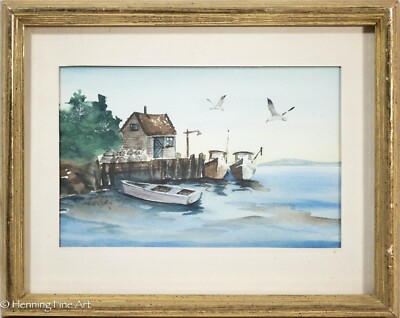 Charming Vintage Watercolor Painting of Coastal Landscape and