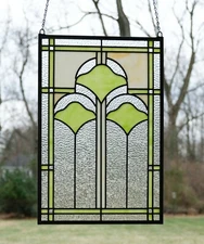 16" x 24" Handcrafted Ginkgo style stained glass window panel