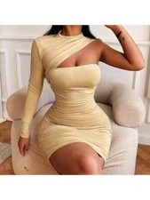 vestito abito donna elegante mini dress scollato beige nudo corto 72717