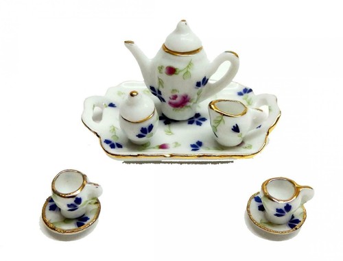 Dolls House Pink Blue Floral Tea Dinner Set Miniature Dining Room Accessory