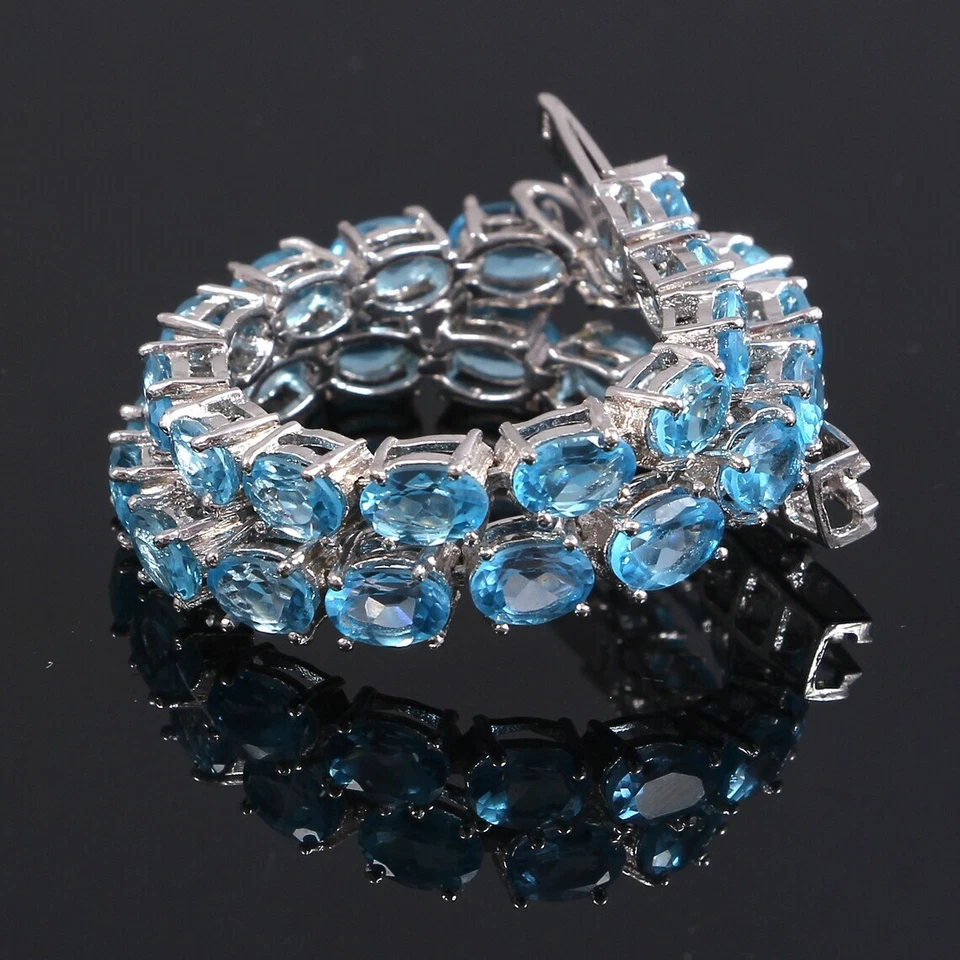 925 Серебряный синий топаз теннис браслет 4 x 6 мм овальный синий топаз браслет для мужчин - Изображение 2 из 4