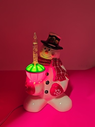 8” Ceramic Snowman Holding Lighted Glittery Candle Lamp Tested