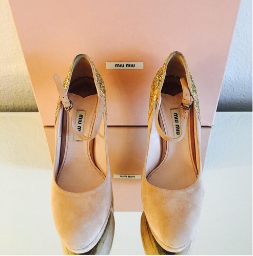 NEW PRADA MIU MIU GOLD GLITTER PINK BARBIE SUEDE PLATFORM HEELS SHOES SZ 37 - Picture 3 of 6