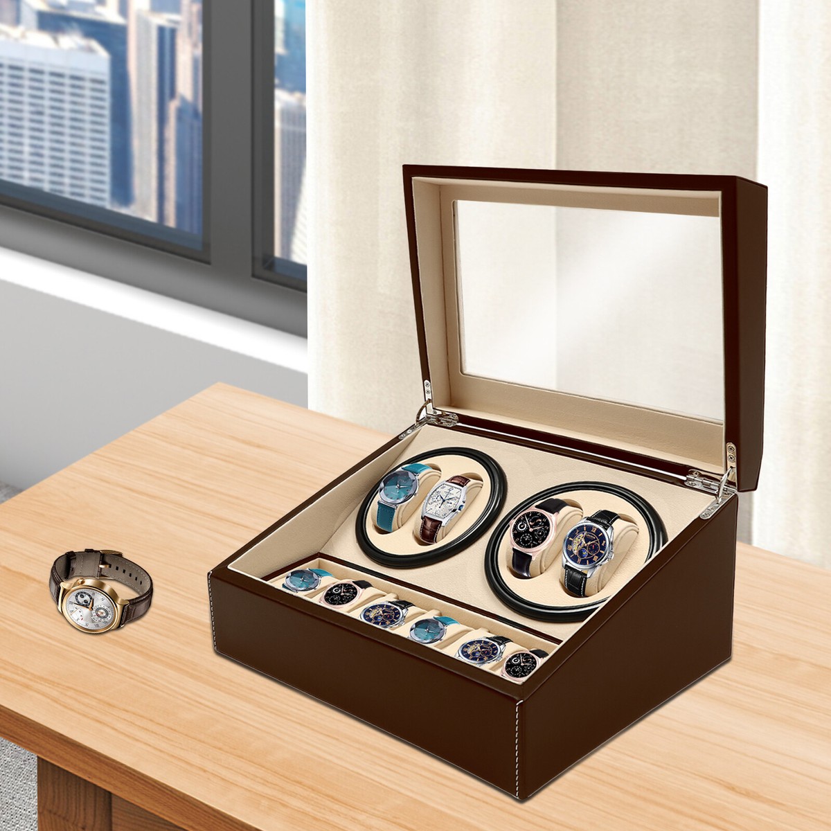 WACHIFIELD 置時計 フィギュアコレクションBOX 4+6 Automatic Rotation Leather Wood Watch Winder Storage Box