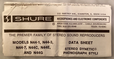 SHURE M44G CARTRIDGE & NEW GENUINE SHURE N44-3 78 RPM STYLUS IN