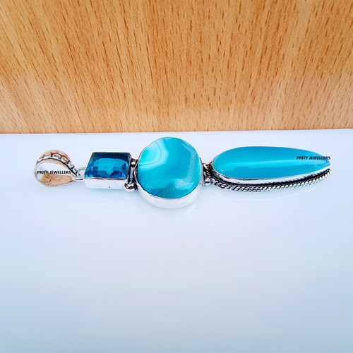 Beautiful Blue Onyx With Topaz 925 Sterling Silver Pendent, Handmade Pendent - Picture 4 of 4