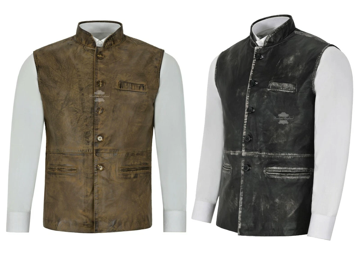 Men s Leather Waistcoat Mandarin Collar Indian Ethnic Vest Real Napa 3946
