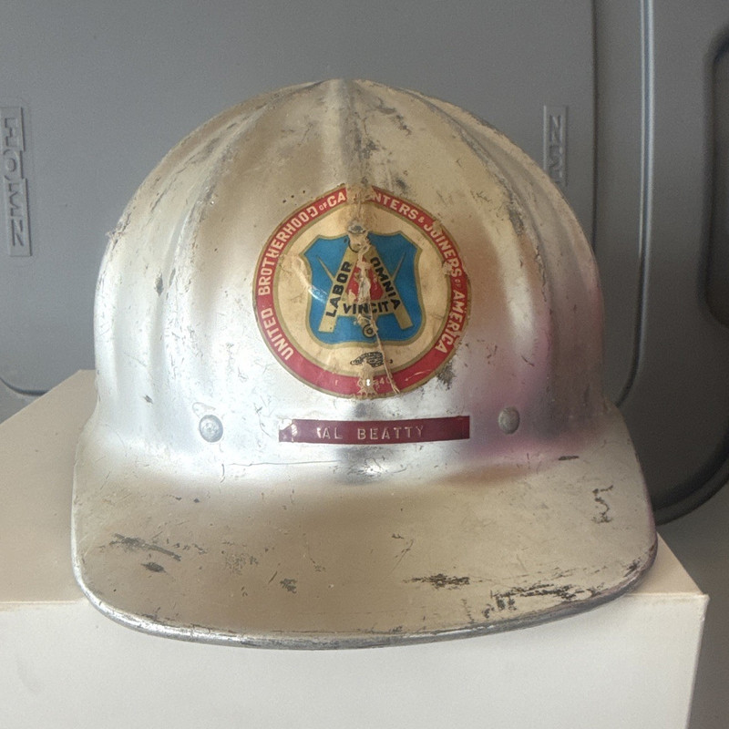 United Brotherhood Silver Hard Hat w/ Brim Carpenters Decal "Labor Omnia Vincit"