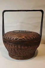 Vintage Round Bamboo Chinese Wedding Basket With Lid And Metal Embellishment