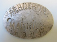 Plaque d'identité du soldat Berceron Maurice infanterie coloniale 1911 à 1926.