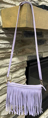 Women s Small Purple Fringe Crossbody Bag Zip Top Striped Lining Gold Hardware