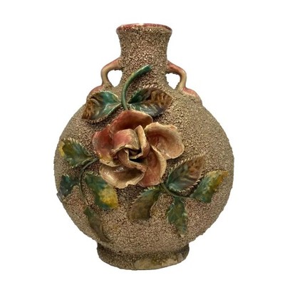 Majolica Pillow Vase Barbotine 19th Century Sand-Glazed Rose & Leaves 10'' AS IS