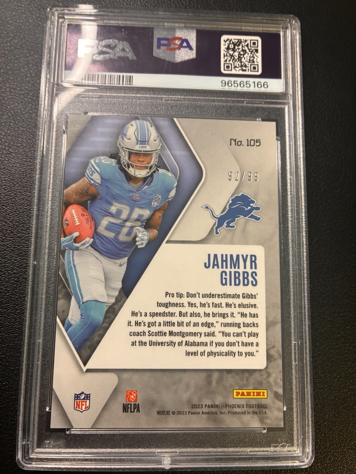 2023 Panini Phoenix - Rookies Jahmyr Gibbs Orange Seismic /99  (RC) PSA 10 view 2