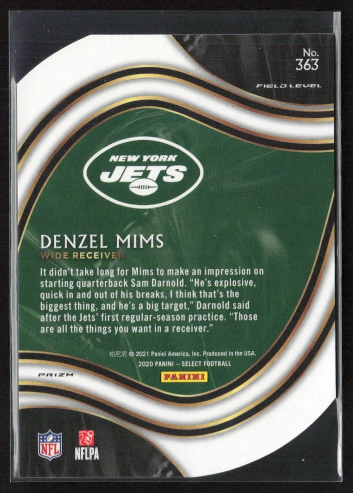2020 Panini Select Purple Prizm Die-Cut Denzel Mims #363 Rookie Jets - Image 2 of 2