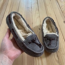 UGG Dakota Pewter Suede Moccasin Slippers Grey Wool Lined braided ribbon Women 5