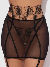 House of Desire Delilah Embroidered Sheer Open Back Garter Skirt Black/Taupe