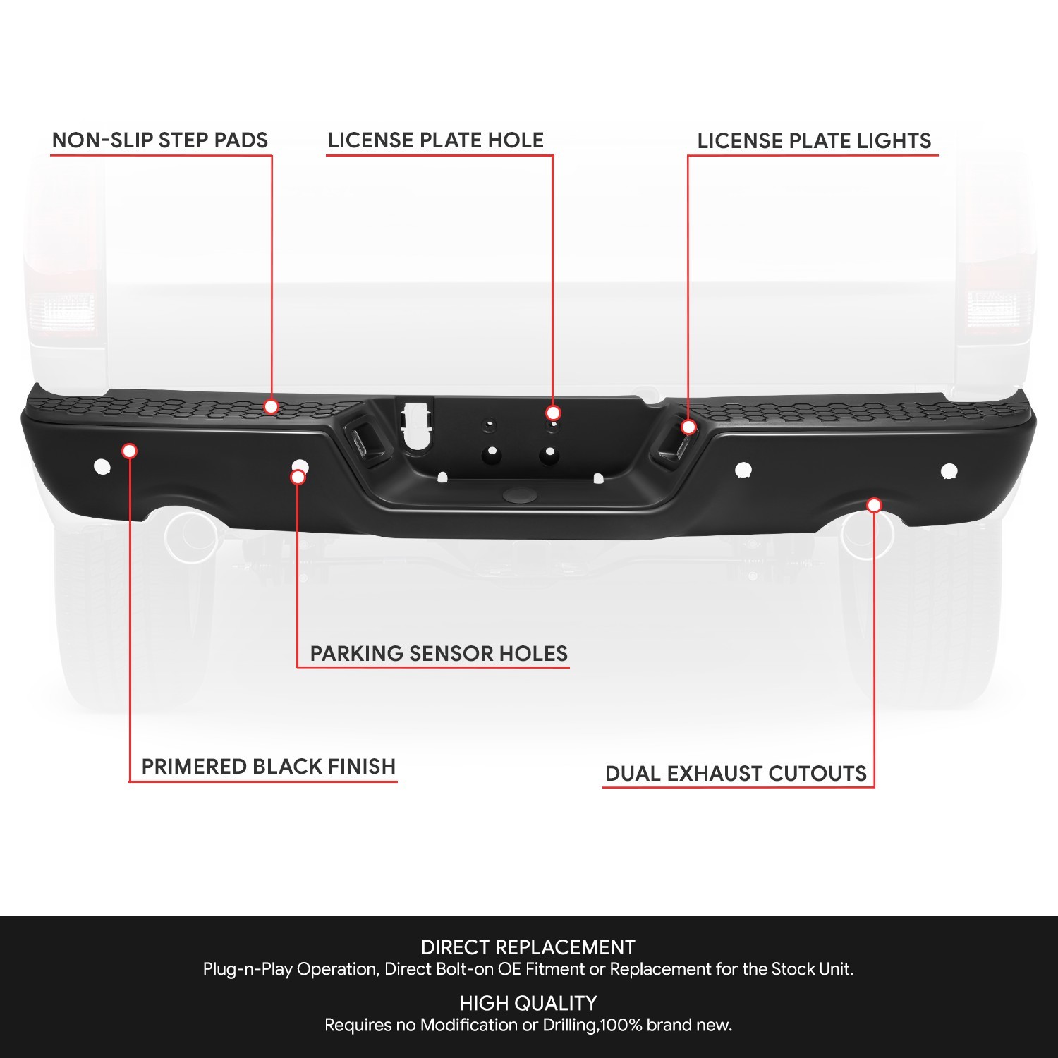 Fit 09-24 Dodge Ram 1500 Black Rear Bumper w/ Parking Sensor Holes+Dual Exhaust