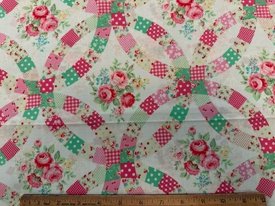 Retro Cottage Flower Sugar Rose Roses Floral Green Mint Pink Wedding Ring Lecien