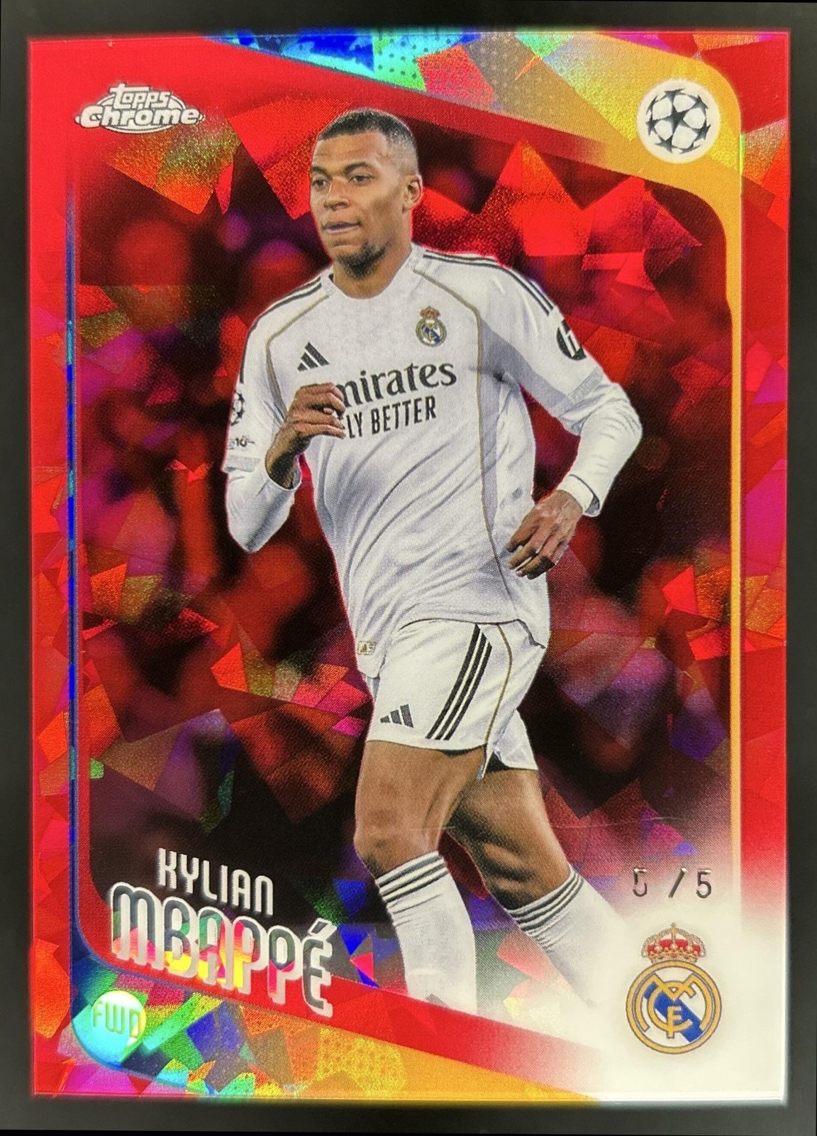2025-26 Topps Chrome UEFA Sapphire Kylian Mbappe Red Refractor #/5 Real Madrid