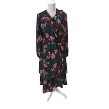 Draper James RSVP Black Floral Ruffle Wrap Midi Dress Size Medium Bubble Hem