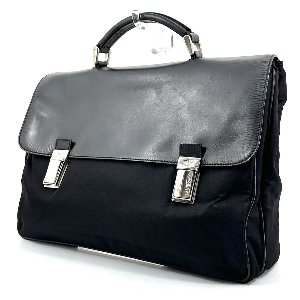 Bolso de Negocios PRADA Nylon Cuero Maletín Plateado Herrajes Negro Auténtico 0164 Foto 2 de 4