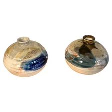 Two KS Pottery Art Round Green White Blue Small 3” Vase Signed. Pair Of Two