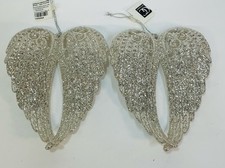 Glittery Silver Angel Wings Christmas Ornaments Lot Of 2 Gift Craft Resin NEW