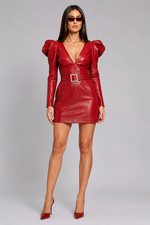 Women's Genuine Lambskin Leather Mini Dress Red Puff Sleeve Belted Party Dress