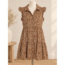 Lucky Brand Womens Brown Floral Ruffle Sleeveless Tiered Button Mini Dress L