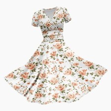 Womens Flower Print V Neck Midi Dress Ladies Floral Short Sleeve Beach Sundress
