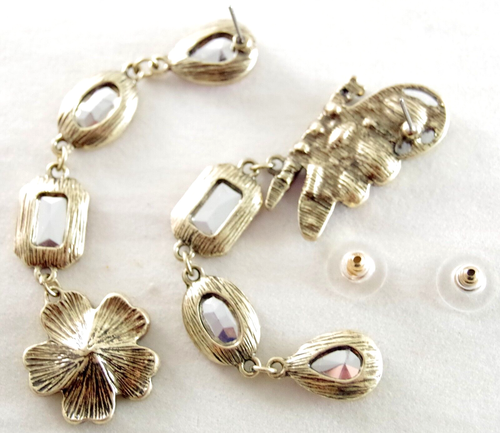 3.75" BETSEY JOHNSON ASYMMETRICAL CRYSTAL BUTTERFLY FLOWER DROP DANGLE EARRINGS - Picture 17 of 19