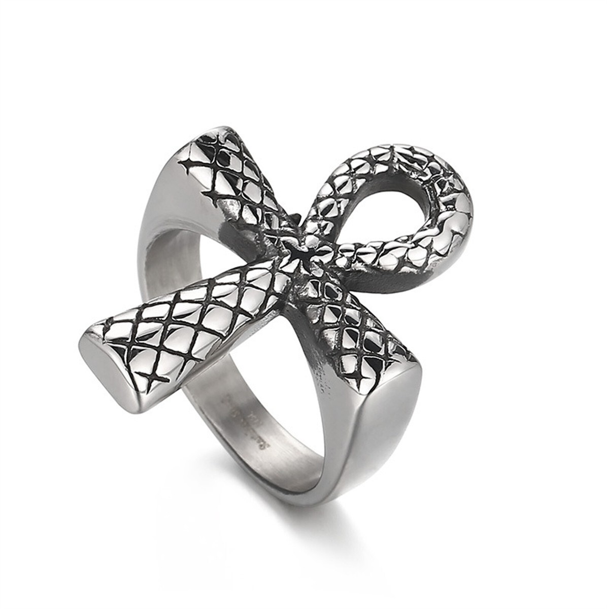 Mens Vintage Stainless Steel Egyptian Ahkh Cross Ring Snake